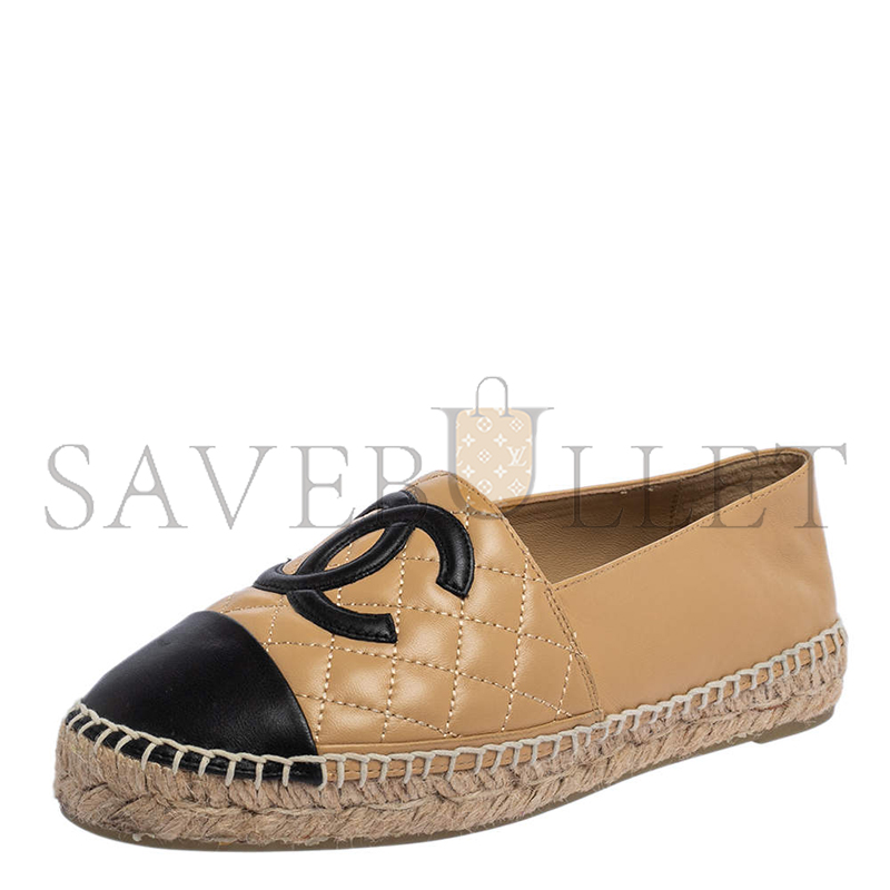 CHANEL BEIGE BLACK LEATHER ESPADRILLE FLATS G29762 